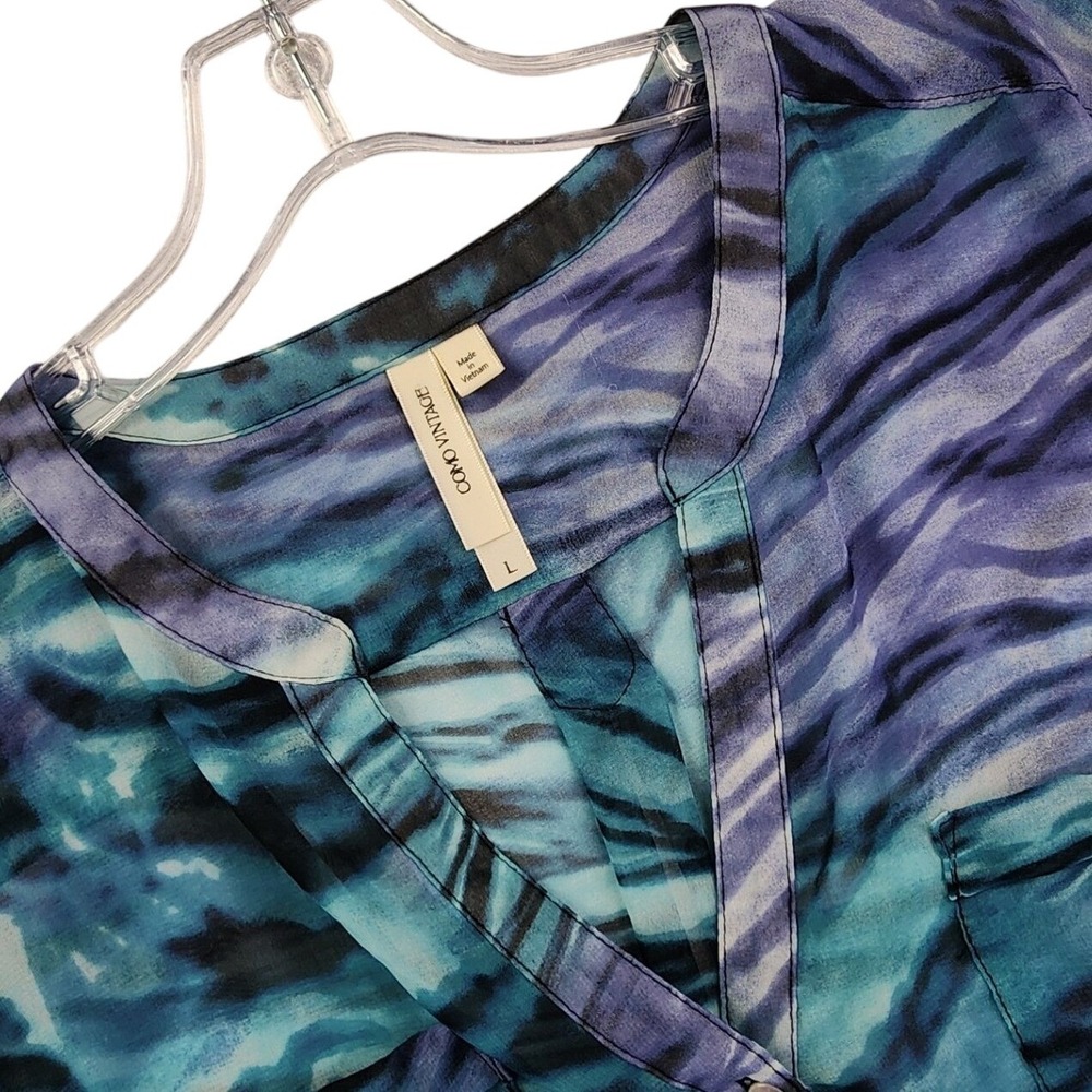 Como Vintage Blue Abstract Watercolor Print Roll Tab Sleeve Henley Blouse Top L